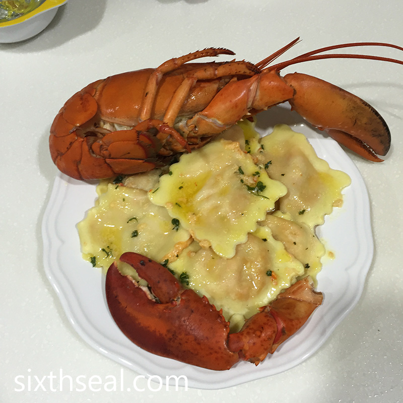 Lobster ravioli with whole American lobster